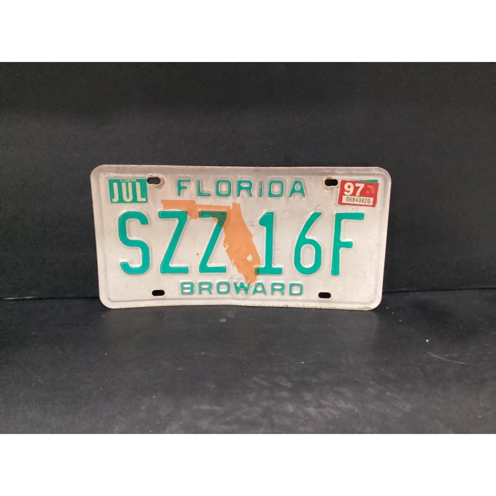 Florida License Plate Tag 1997 Broward, SZZ 16F, Orange Map, Vintage